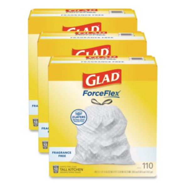 Forceflex Kitchen Drawstring Trash Bags, Drawstring, 13 Gal, Unscented, 23.47 x 25.38, White, 110 Bags/Box, 3 Boxes/Carton