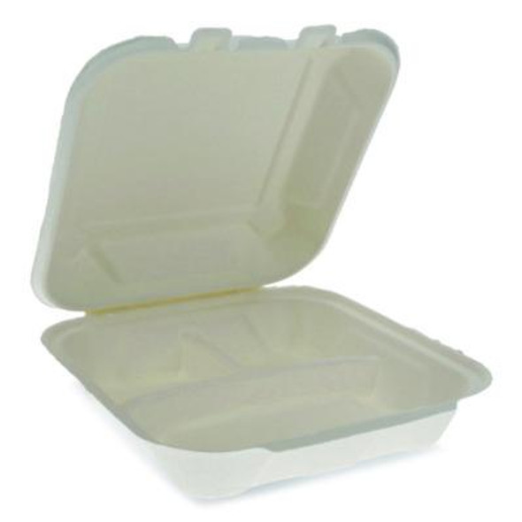 Earthchoice Bagasse Hinged Lid Container, 7.8 x 7.8 x 2.8, White, 150/Carton