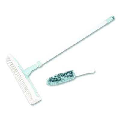 Rubber Broom And Handheld Brush,11.75 x 50 Plastic Handle, White/Blue