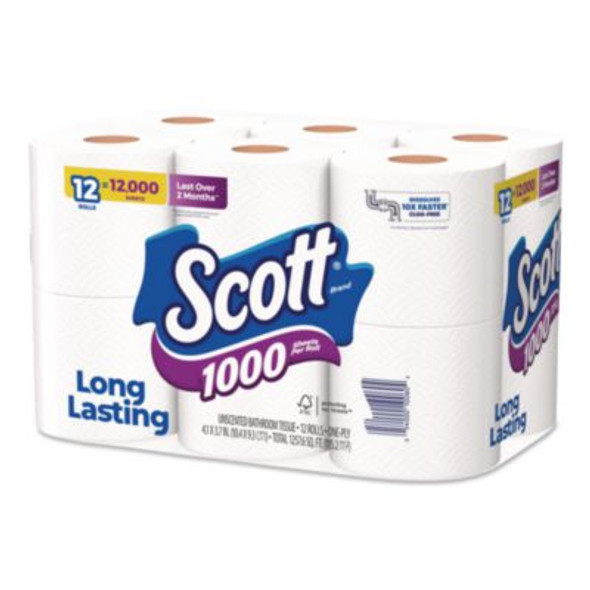 1000 Bathroom Tissue, Septic Safe, 1-Ply, White, 1,000 Sheets/Roll, 12 Rolls/Pack, 4 Packs/Carton