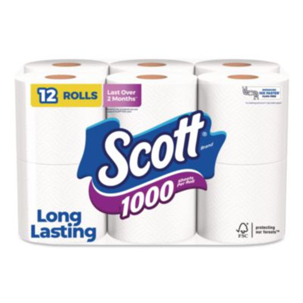 1000 Bathroom Tissue, Septic Safe, 1-Ply, White, 1,000 Sheets/Roll, 12 Rolls/Pack, 4 Packs/Carton