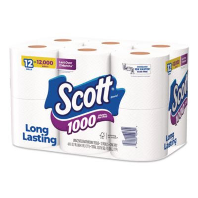 1000 Bathroom Tissue, Septic Safe, 1-Ply, White, 1,000 Sheets/Roll, 12 Rolls/Pack, 4 Packs/Carton