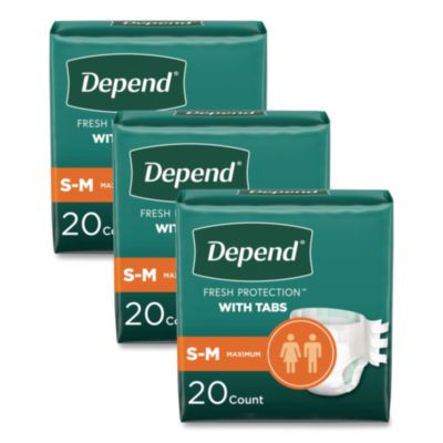 Incontinence Protection With Tabs, Small/Medium, 19" To 34" Waist, 20/Pack, 3 Packs/Carton