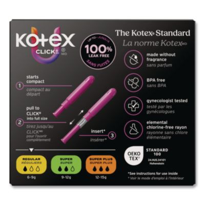 U By Kotex Click Compact Tampons, Regular Absorbency, 16/Pack, 8 Packs/Carton