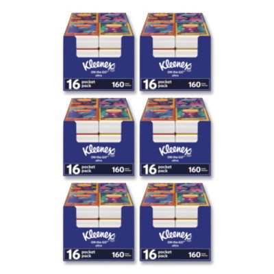 On The Go Packs Facial Tissues, 3-Ply, White, 10 Sheets/Pouch, 16 Pouches/Pack,  6 Packs/Carton