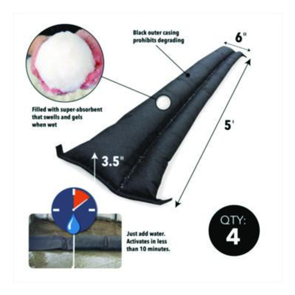 Flood Barriers, 6" x 5 Ft x 3.5", 4/Pack