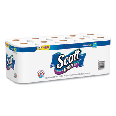 1000 Bathroom Tissue, Septic Safe, 1-Ply, White, 1,000 Sheets/Roll, 20 Rolls/Pack