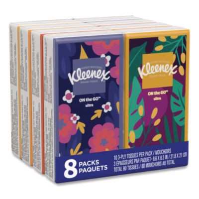 On The Go Packs Facial Tissues, 3-Ply, White, 10 Sheets/Pouch, 8 Pouches/Pack