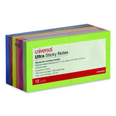 Ultra Sticky Note Pads, 3" x 3", Assorted, 100 Sheets/Pad, 12 Pads/Pack