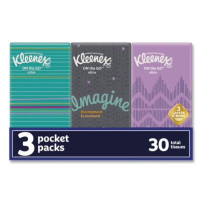 On The Go Packs Facial Tissues, 3-Ply, White, 10 Sheets/Pouch, 3 Pouches/Pack, 36 Packs/Carton