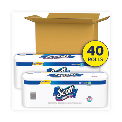 1000 Bathroom Tissue, Septic Safe, 1-Ply, White, 1,000 Sheets/Roll, 20 Rolls/Pack, 2 Packs/Carton