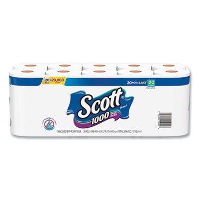 1000 Bathroom Tissue, Septic Safe, 1-Ply, White, 1,000 Sheets/Roll, 20 Rolls/Pack, 2 Packs/Carton