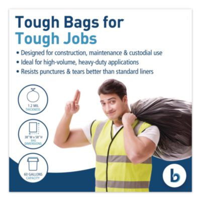 Reprocessed Resin Can Liners, 60 Gal, 1.2 Mil, 38 x 58, Black, 50 Bags/Carton