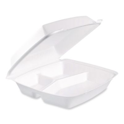 Foam Hinged Lid Containers, 3 Compartments, 9.5 x 10.26 x 3.4, White, 200/Carton