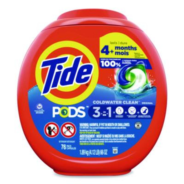 Pods Laundry Detergent, He Compatible, Coldwater Clean Original, 66 Oz Tub, 76 Pods/Tub, 4 Tubs/Carton