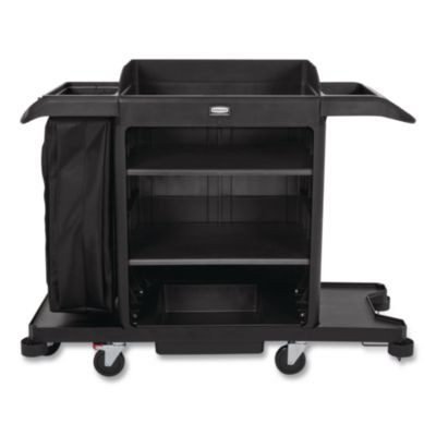 Full-Size Housekeeping Cart, Plastic, 3 Shelves, 1 Bin, 24.4 x 62.4 x 49, Black
