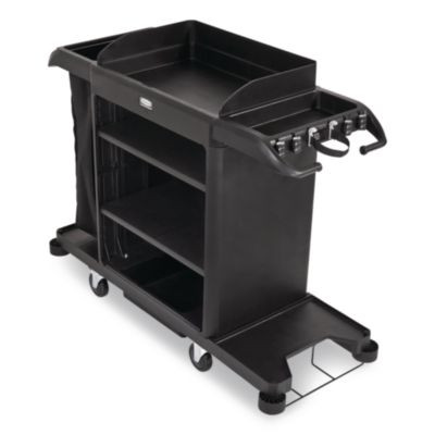 Full-Size Housekeeping Cart, Plastic, 3 Shelves, 1 Bin, 24.4 x 62.4 x 49, Black