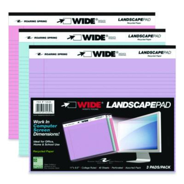 Wide Landscape Format Writing Pad, Unpunched, Medium/College Rule, Assorted Colors, (40) 11 x 8.5 Sheets, 3/Pack