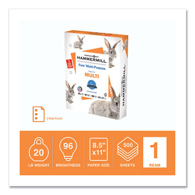 Fore Multipurpose Print Paper, 96 Bright, 3-Hole, 20 Lb Bond Weight, 8.5 x 11, White, 500 Sheets/Ream