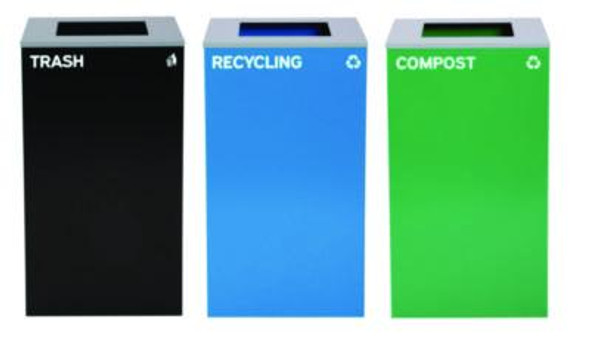 29 Gallon Trash/Recycling Cans, Steel, Blue Recycling Can, Green Compost Can, Black Trash Can With Square Lids