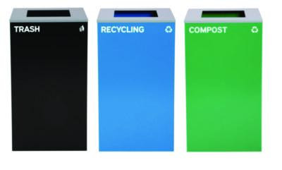 29 Gallon Trash/Recycling Cans, Steel, Blue Recycling Can, Green Compost Can, Black Trash Can With Square Lids