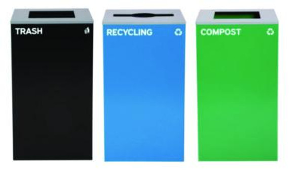 29 Gallon Trash/Recycling Cans, Steel, Blue Recycling Can/Mixed Lid, Green Compost Can And Black Trash Can With Square Lids