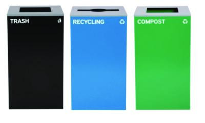 29 Gallon Trash/Recycling Cans, Steel, Blue Recycling Can/Mixed Lid, Green Compost Can And Black Trash Can With Square Lids