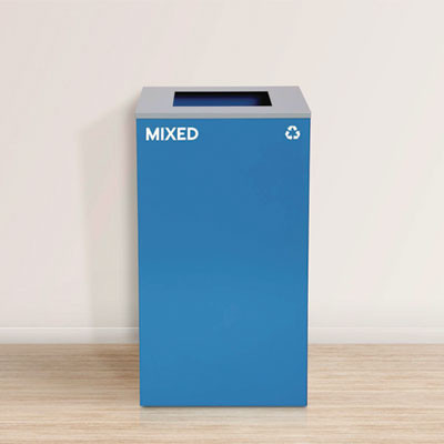 29 Gallon Trash/Recycling Cans, Steel, Blue Mixed Recycling Can With Square Lid, Black Trash Can With Square Lid