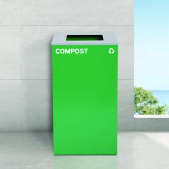 29 Gallon Trash/Recycling Cans, Steel, Blue Cans/Bottles Recycling Can w/Mixed Lid, Green Compost And Black Trash w/Sq Lid