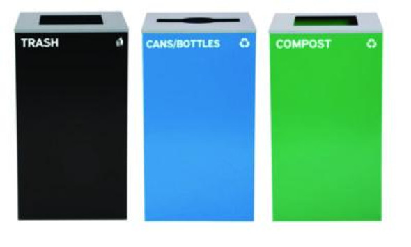 29 Gallon Trash/Recycling Cans, Steel, Blue Cans/Bottles Recycling Can w/Mixed Lid, Green Compost And Black Trash w/Sq Lid