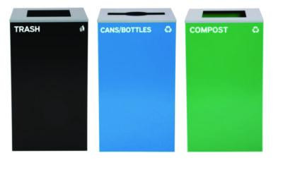 29 Gallon Trash/Recycling Cans, Steel, Blue Cans/Bottles Recycling Can w/Mixed Lid, Green Compost And Black Trash w/Sq Lid
