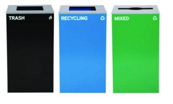 29 Gallon Trash/Recycling Cans, Steel, Blue Recycling And Black Trash Cans w/Square Lid, Green Mixed Recycling Can Mixed Lid