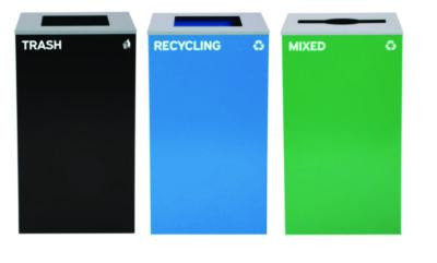 29 Gallon Trash/Recycling Cans, Steel, Blue Recycling And Black Trash Cans w/Square Lid, Green Mixed Recycling Can Mixed Lid