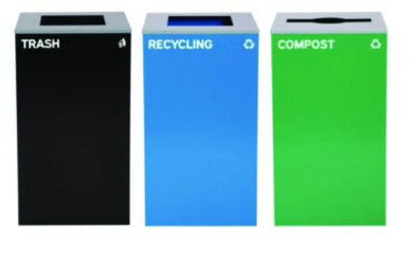 29 Gallon Trash/Recycling Cans, Steel, Blue Recycling Can And Black Trash Can w/Square Lids, Green Compost Can With Mixed Lid