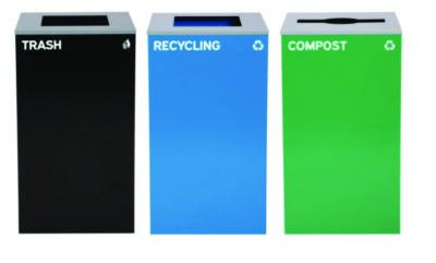 29 Gallon Trash/Recycling Cans, Steel, Blue Recycling Can And Black Trash Can w/Square Lids, Green Compost Can With Mixed Lid