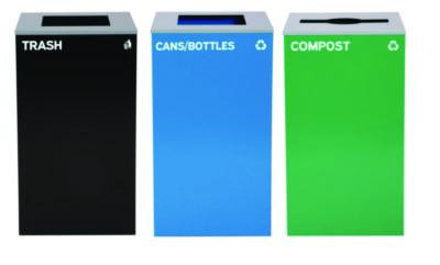 29 Gallon Trash/Recycling Cans, Steel, Blue Cans/Bottles Recycling And Black Trash Can w/Sq Lid, Green Compost Can Mixed Lid