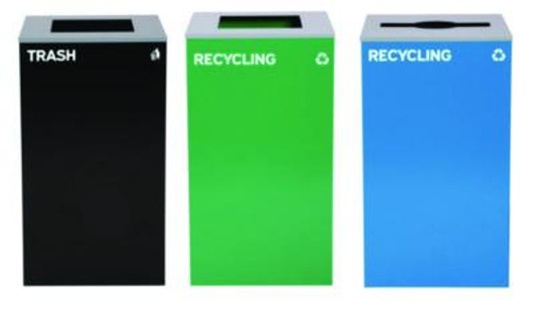 29 Gallon Trash/Recycling Cans, Steel, Blue Recycling Can w/Mixed Lid, Green Recycling Can And Black Trash Can With Sq Lid