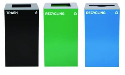 29 Gallon Trash/Recycling Cans, Steel, Blue Recycling Can w/Mixed Lid, Green Recycling Can And Black Trash Can With Sq Lid