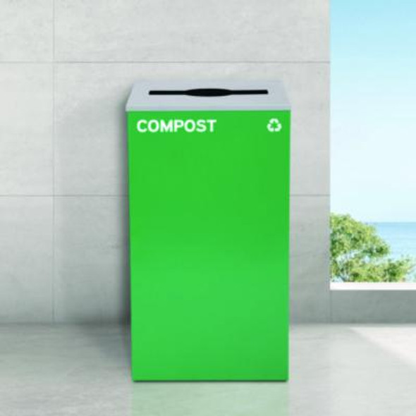 29 Gallon Trash/Recycling Cans, Steel, Blue Mixed Recycling And Green Compost Cans w/Mixed Lids, Black Trash Can w/Square Lid
