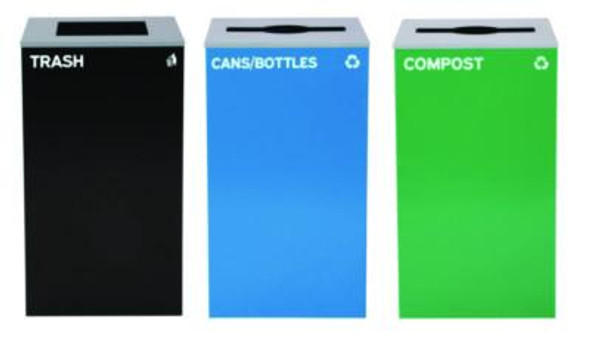 29 Gallon Trash/Recycling Cans, Steel, Blue Cans/Bottles Recycling And Green Compost Can w/Mixed Lid, Black Trash Can Sq Lid