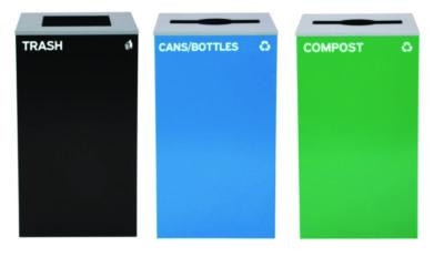 29 Gallon Trash/Recycling Cans, Steel, Blue Cans/Bottles Recycling And Green Compost Can w/Mixed Lid, Black Trash Can Sq Lid