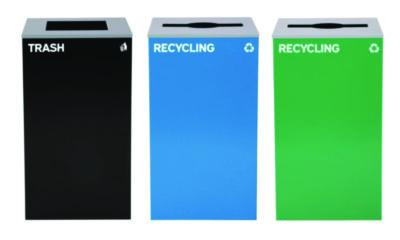 29 Gallon Trash/Recycling Cans, Steel, Blue Recycling Can And Green Recycling Can w/Mixed Lids, Black Trash Can w/Square Lid