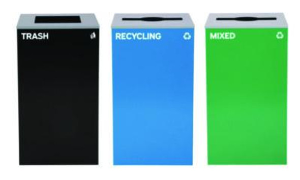 29 Gallon Trash/Recycling Cans, Steel, Blue Recycling And Green Mixed Recycling Can w/Mixed Lids, Black Trash Can w/Sq Lid