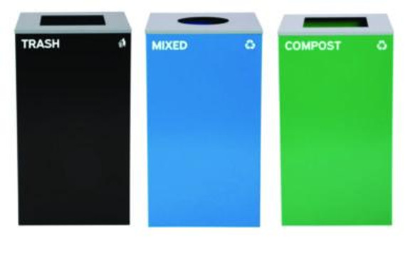 29 Gallon Trash/Recycling Cans, Steel, Blue Mixed Recycling Can w/Circle Lid, Green Compost And Black Trash Cans w/Sq Lids