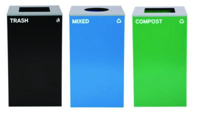 29 Gallon Trash/Recycling Cans, Steel, Blue Mixed Recycling Can w/Circle Lid, Green Compost And Black Trash Cans w/Sq Lids