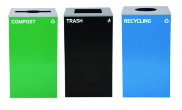 29 Gallon Trash/Recycling Cans, Steel, Blue Recycling Can w/Circle Lid, Green Compost w/Mixed Lid, Black Trash w/Square Lid