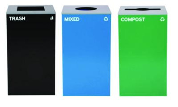 29 Gallon Trash/Recycling Cans, Steel, Blue Mixed Recycling w/Circle Lid, Green Compost w/Mixed Lid, Black Trash w/Square Lid