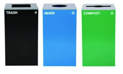 29 Gallon Trash/Recycling Cans, Steel, Blue Mixed Recycling w/Circle Lid, Green Compost w/Mixed Lid, Black Trash w/Square Lid