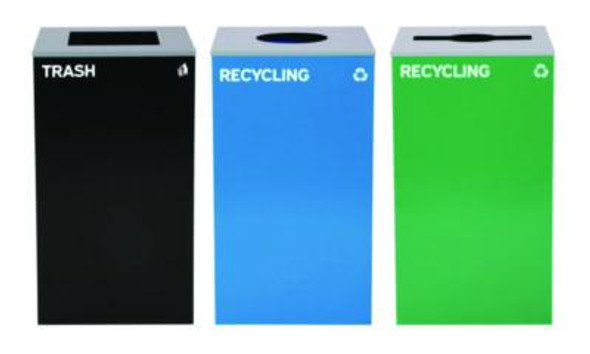 29 Gallon Trash/Recycling Cans, Steel, Blue Recycling Can w/Circle Lid, Green Recycling w/Mixed Lid, Black Trash w/Square Lid