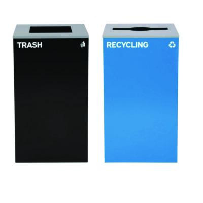 29 Gallon Trash/Recycling Cans, Steel, Blue Recycling With Mixed Lid, Black Trash Can With Square Lid